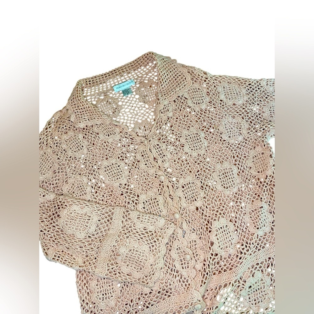 Vintage Newport News Crochet Pink Top Women’s 1X Button Floral Mauve Grandma 90s